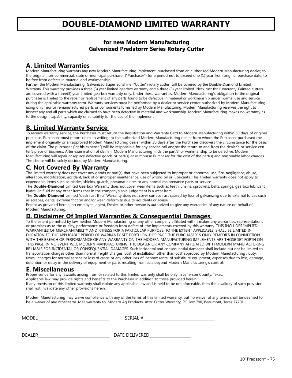 Double-diamond limited warranty, A. limited warranties, B. limited warranty service | C. not covered by warranty, E. miscellaneous | Modern AG 10' Predator User Manual | Page 75 / 76