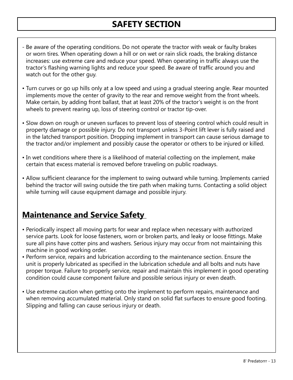 Maintenance and service safety | Modern AG 8' Predator User Manual | Page 13 / 74