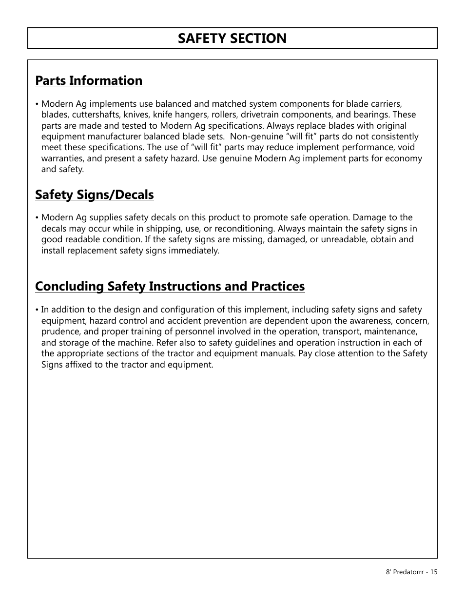 Parts information, Safety signs/decals, Concluding safety instructions and practices | Modern AG 8' Predator User Manual | Page 15 / 74