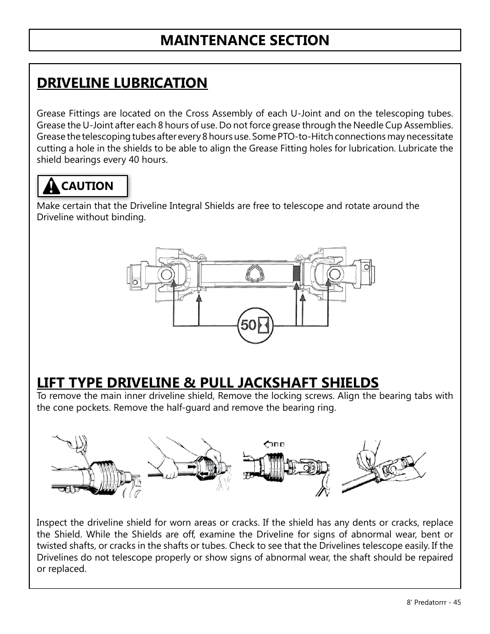 Lift type driveline & pull jackshaft shields | Modern AG 8' Predator User Manual | Page 45 / 74