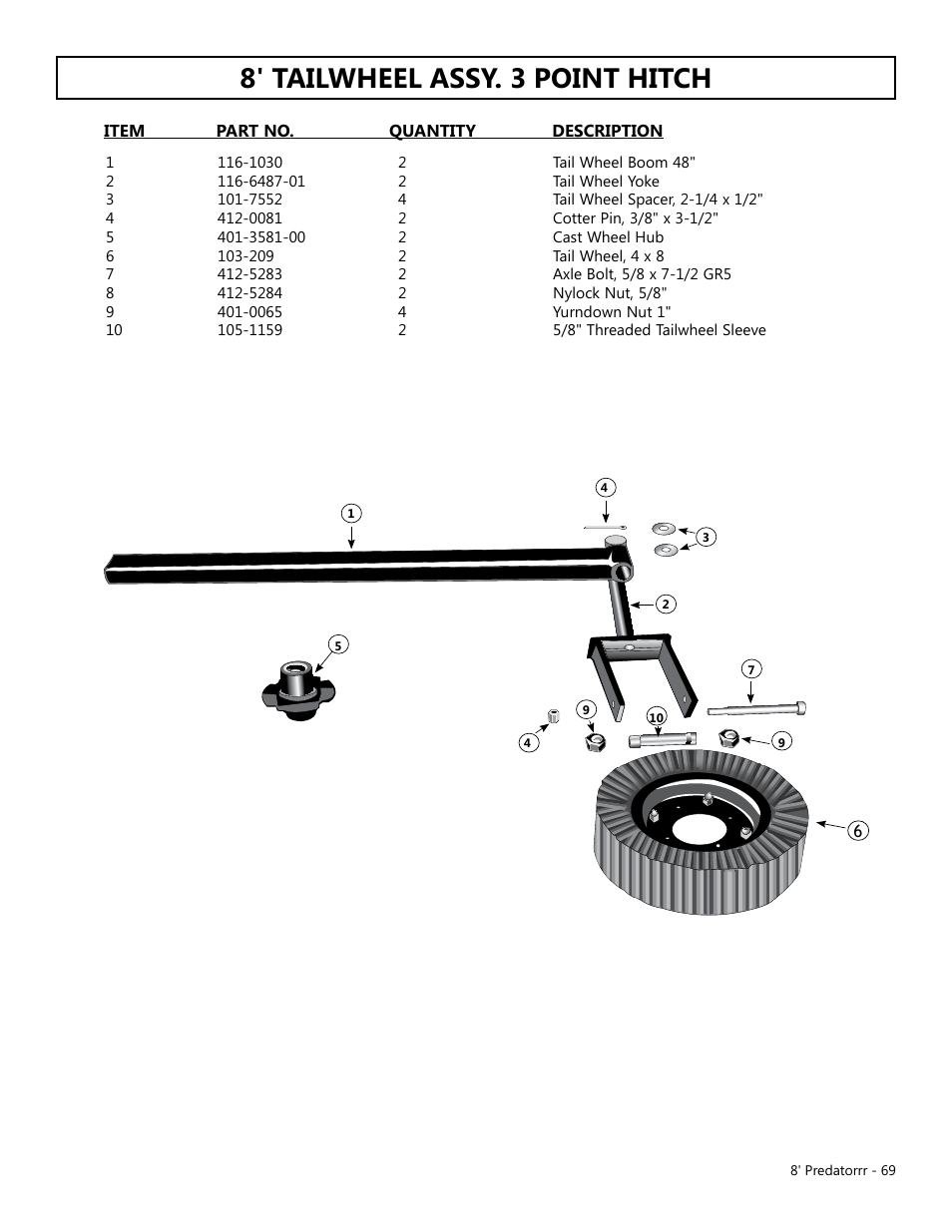 8' tailwheel assy. 3 point hitch | Modern AG 8' Predator User Manual | Page 69 / 74