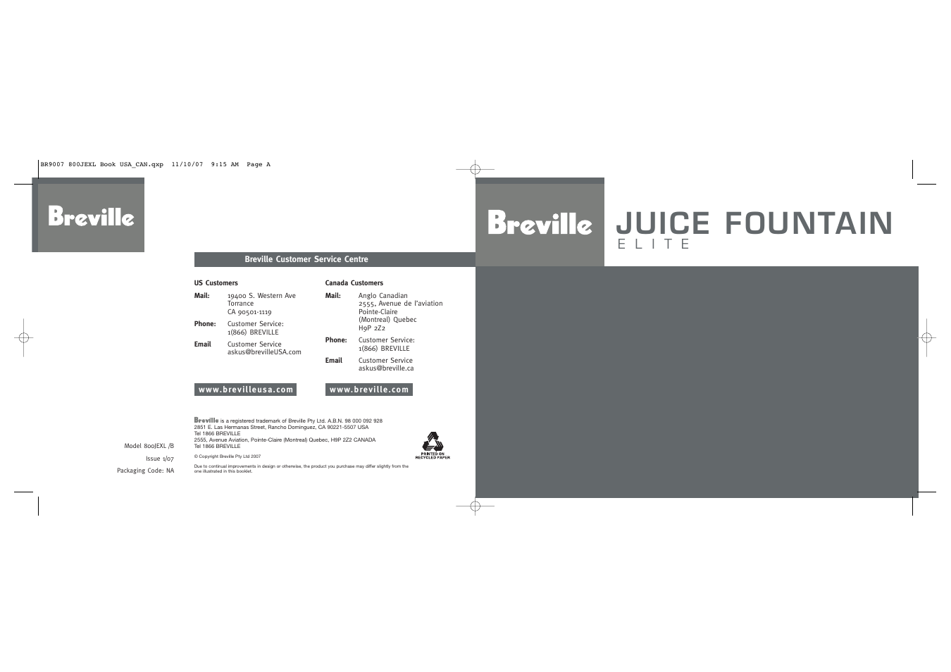 Breville ELITE 800JEXL /B User Manual | 66 pages