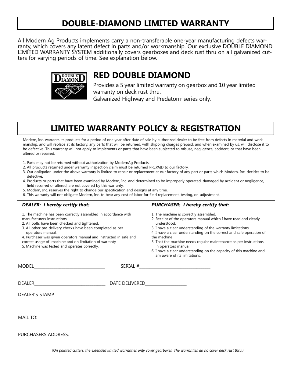 Double-diamond limited warranty, Red double diamond, Limited warranty policy & registration | Modern AG 7' Predator User Manual | Page 79 / 79