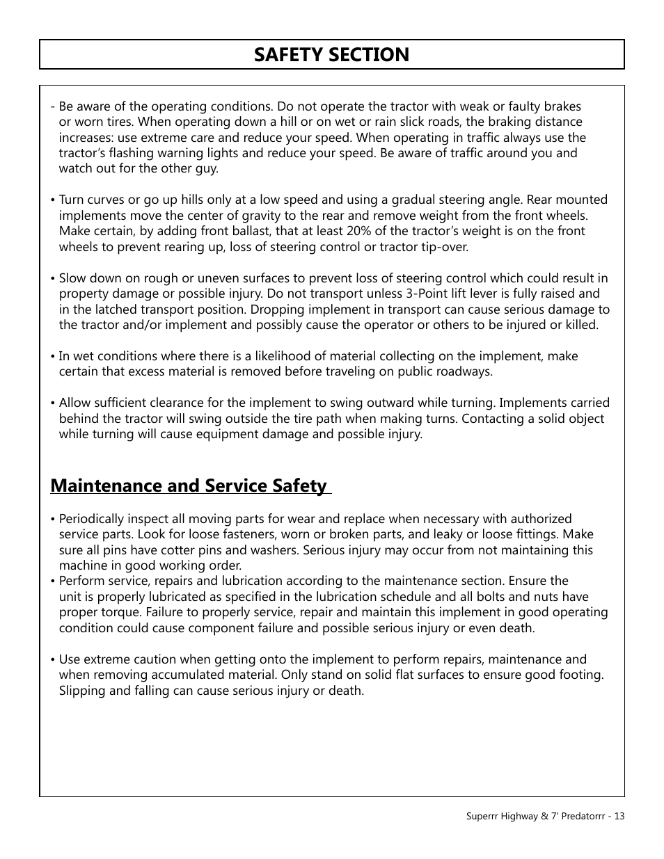 Maintenance and service safety | Modern AG Super Highway Special User Manual | Page 13 / 79