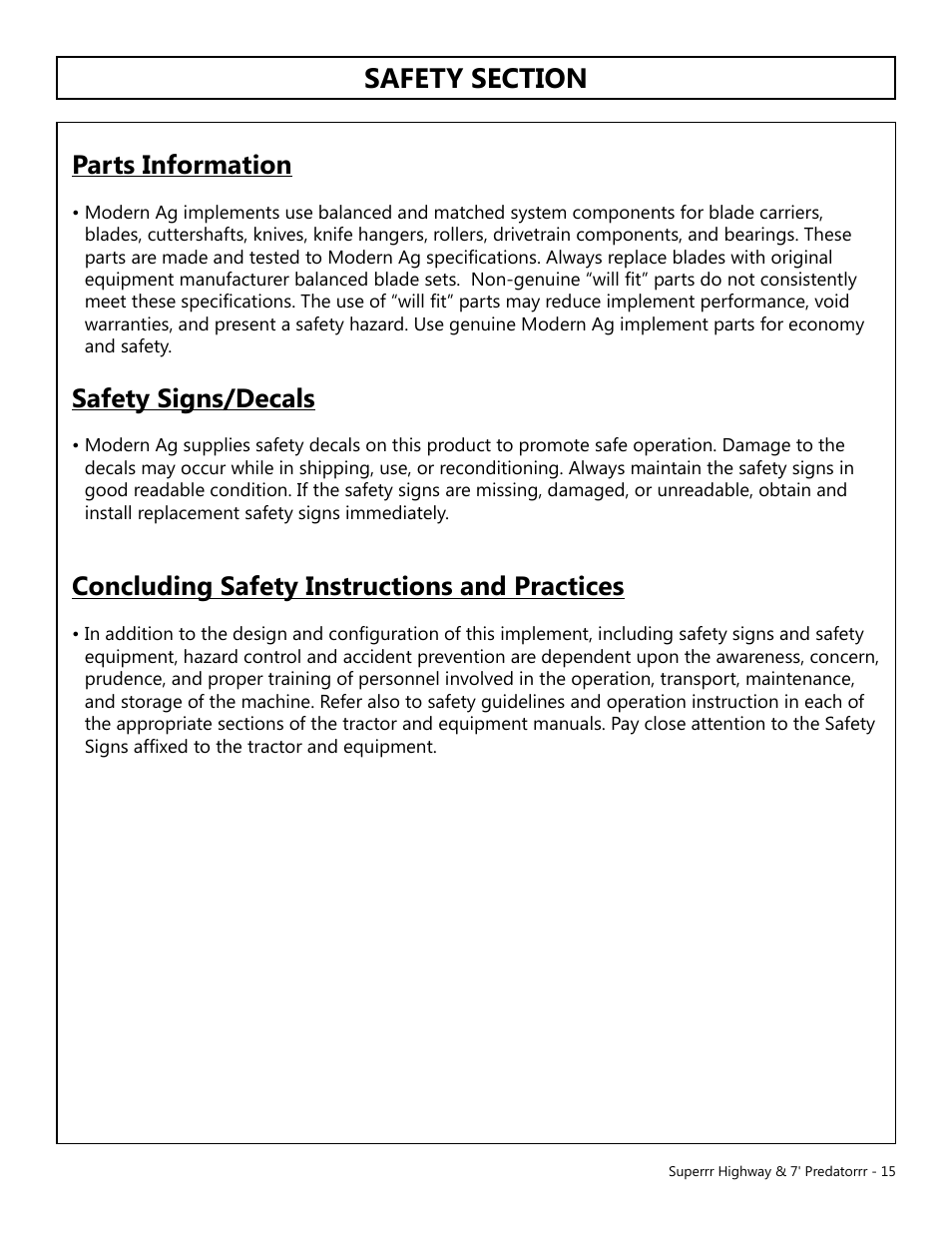 Parts information, Safety signs/decals, Concluding safety instructions and practices | Modern AG Super Highway Special User Manual | Page 15 / 79