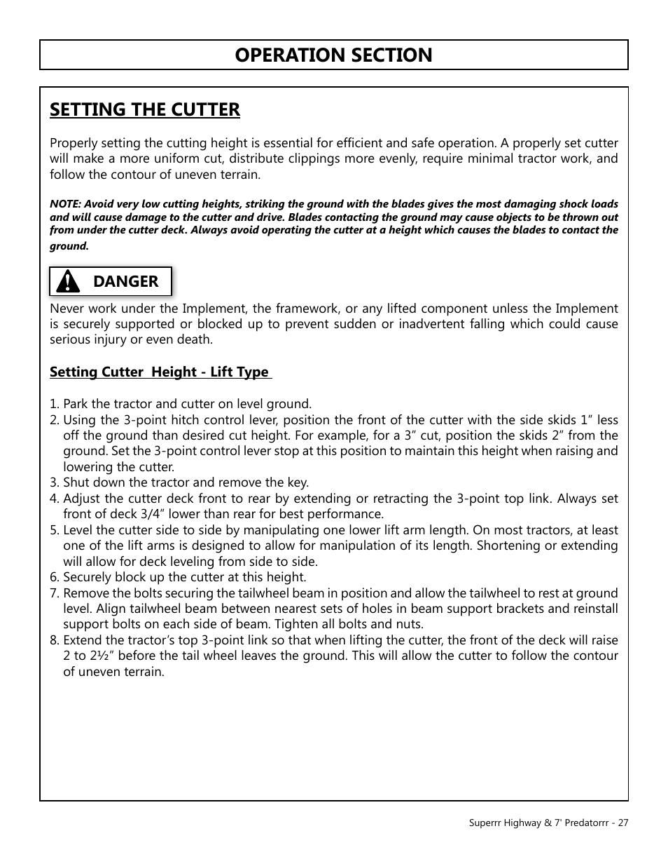 Setting the cutter, Danger | Modern AG Super Highway Special User Manual | Page 27 / 79
