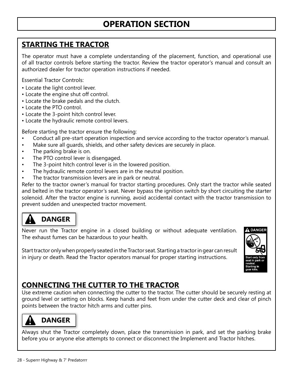 Operation, Opera tion, Starting the tractor | Connecting the cutter to the tractor, Danger, Connecting the mower to the tractor | Modern AG Super Highway Special User Manual | Page 28 / 79