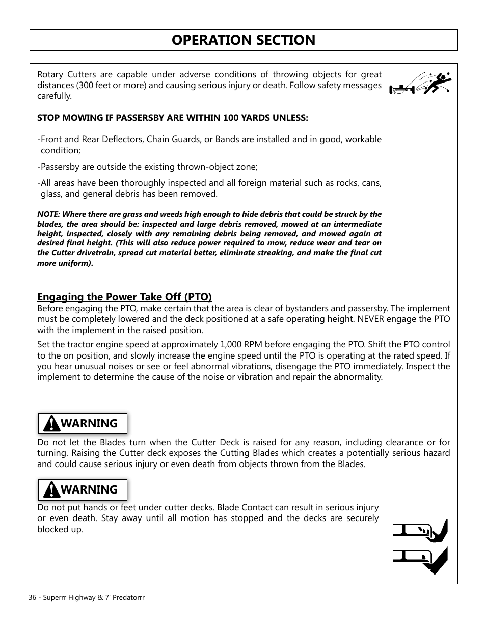 Operation, Opera tion, Warning | Engaging the power take off (pto) | Modern AG Super Highway Special User Manual | Page 36 / 79