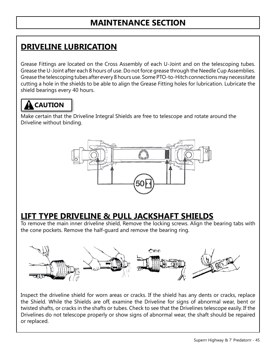Lift type driveline & pull jackshaft shields | Modern AG Super Highway Special User Manual | Page 45 / 79