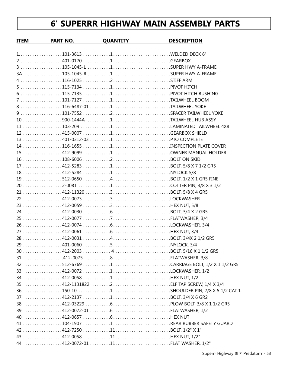 6' superrr highway main assembly parts | Modern AG Super Highway Special User Manual | Page 53 / 79