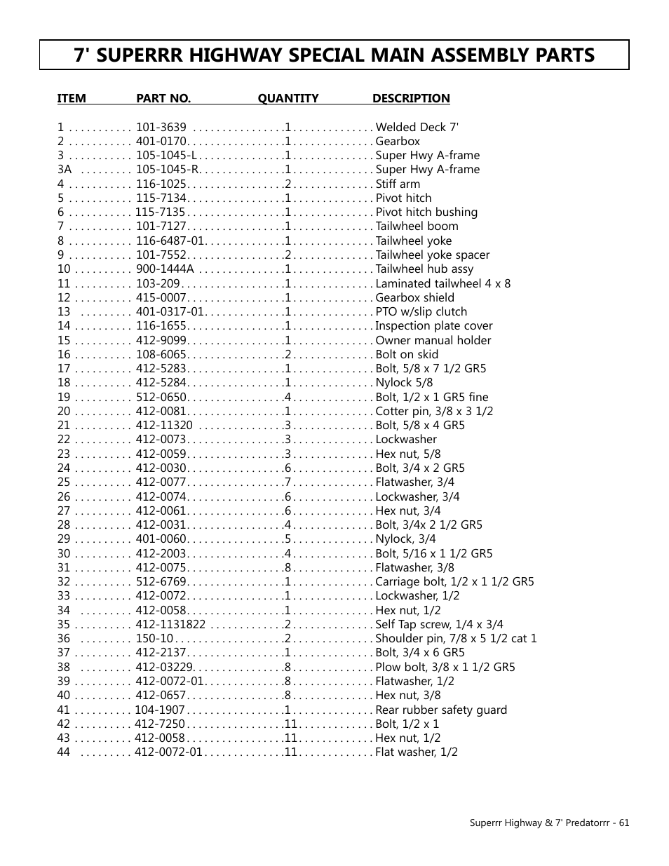 7' superrr highway special main assembly parts | Modern AG Super Highway Special User Manual | Page 61 / 79