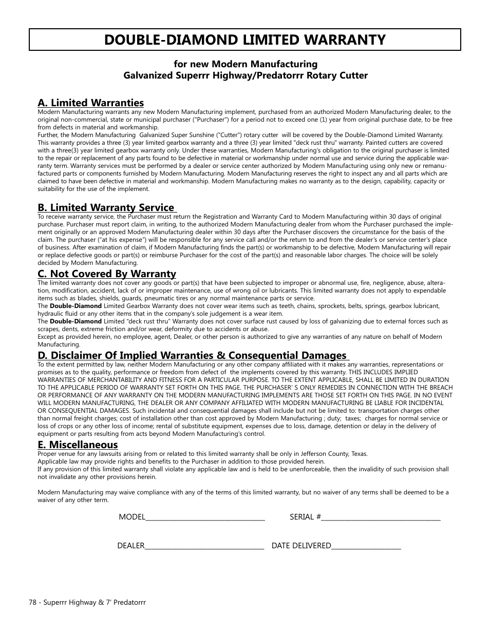 Double-diamond limited warranty, A. limited warranties, B. limited warranty service | C. not covered by warranty, E. miscellaneous | Modern AG Super Highway Special User Manual | Page 78 / 79