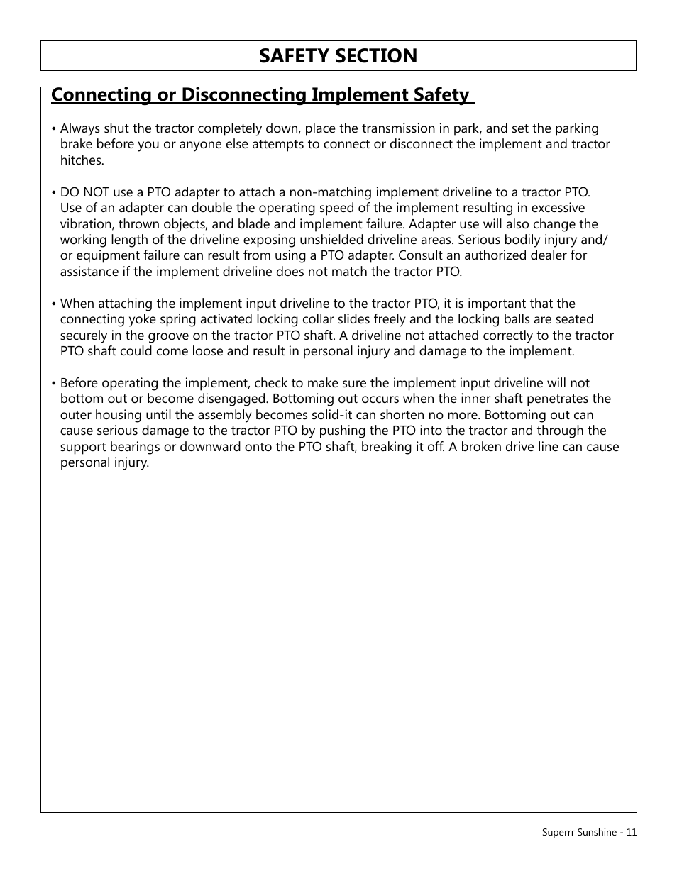 Connecting or disconnecting implement safety | Modern AG Super Sunshine User Manual | Page 11 / 71