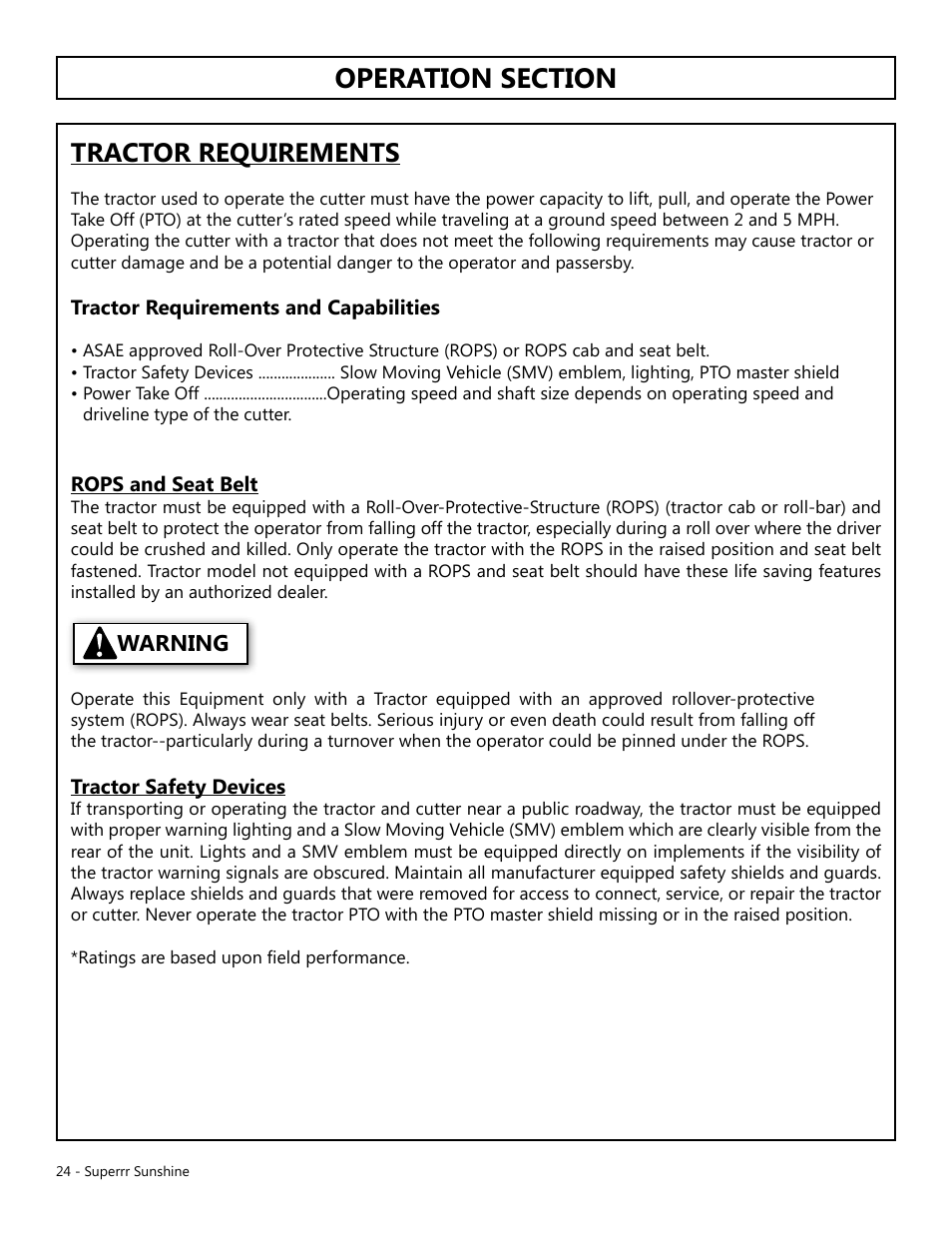 Tractor requirements, Warning | Modern AG Super Sunshine User Manual | Page 24 / 71