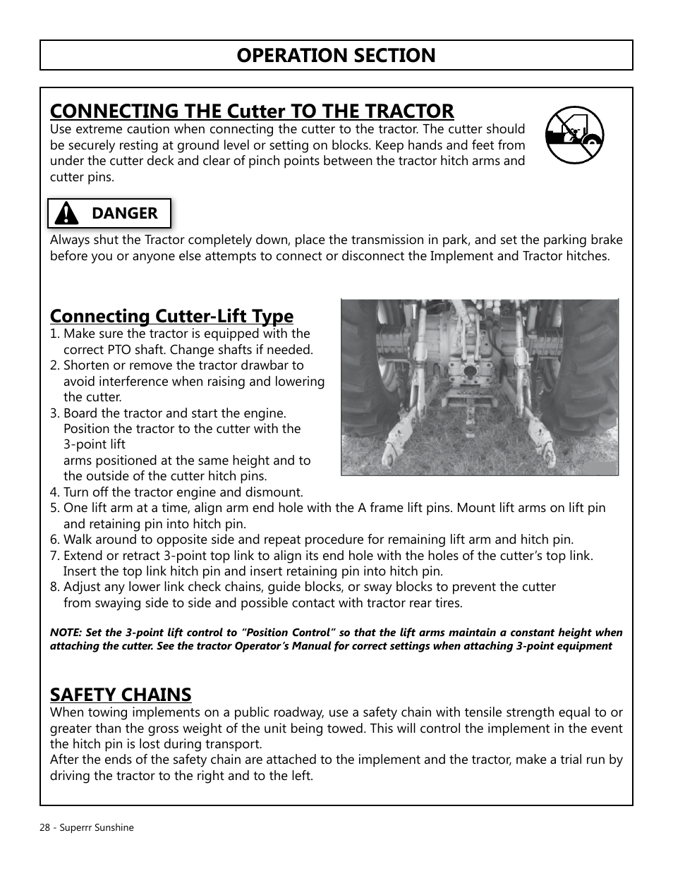 Operation, Opera tion, Connecting cutter-lift type | Safety chains, Danger | Modern AG Super Sunshine User Manual | Page 28 / 71