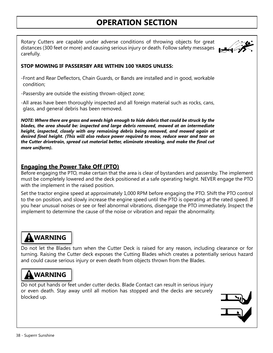 Operation, Opera tion, Warning | Engaging the power take off (pto) | Modern AG Super Sunshine User Manual | Page 38 / 71