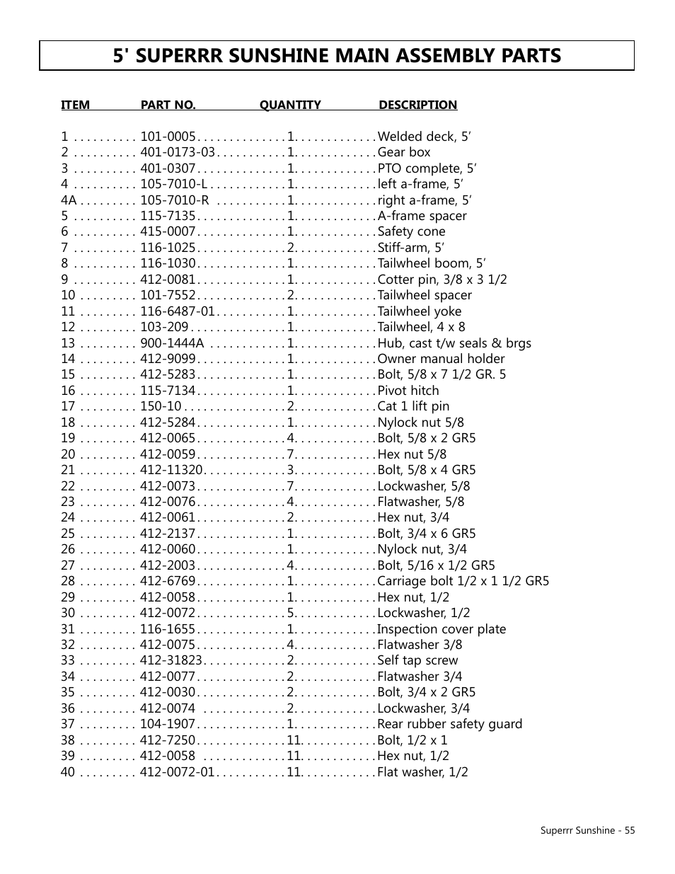 5' superrr sunshine main assembly parts | Modern AG Super Sunshine User Manual | Page 55 / 71