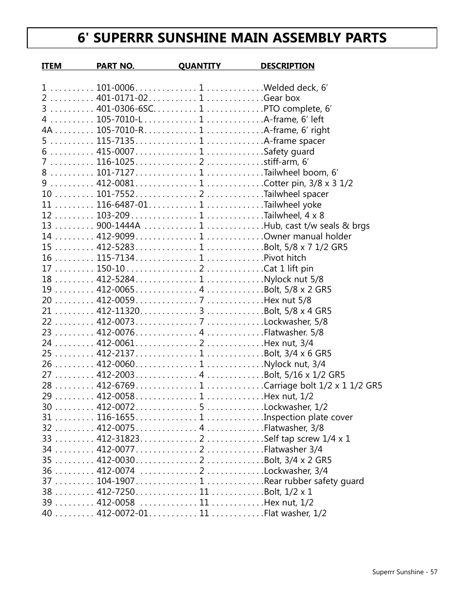 6' superrr sunshine main assembly parts | Modern AG Super Sunshine User Manual | Page 57 / 71