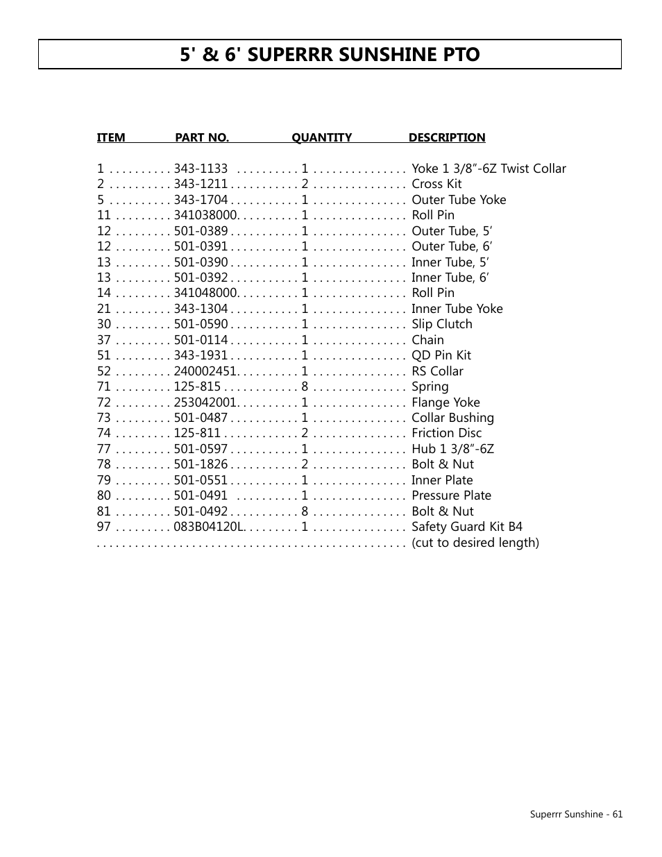 5' & 6' superrr sunshine pto | Modern AG Super Sunshine User Manual | Page 61 / 71