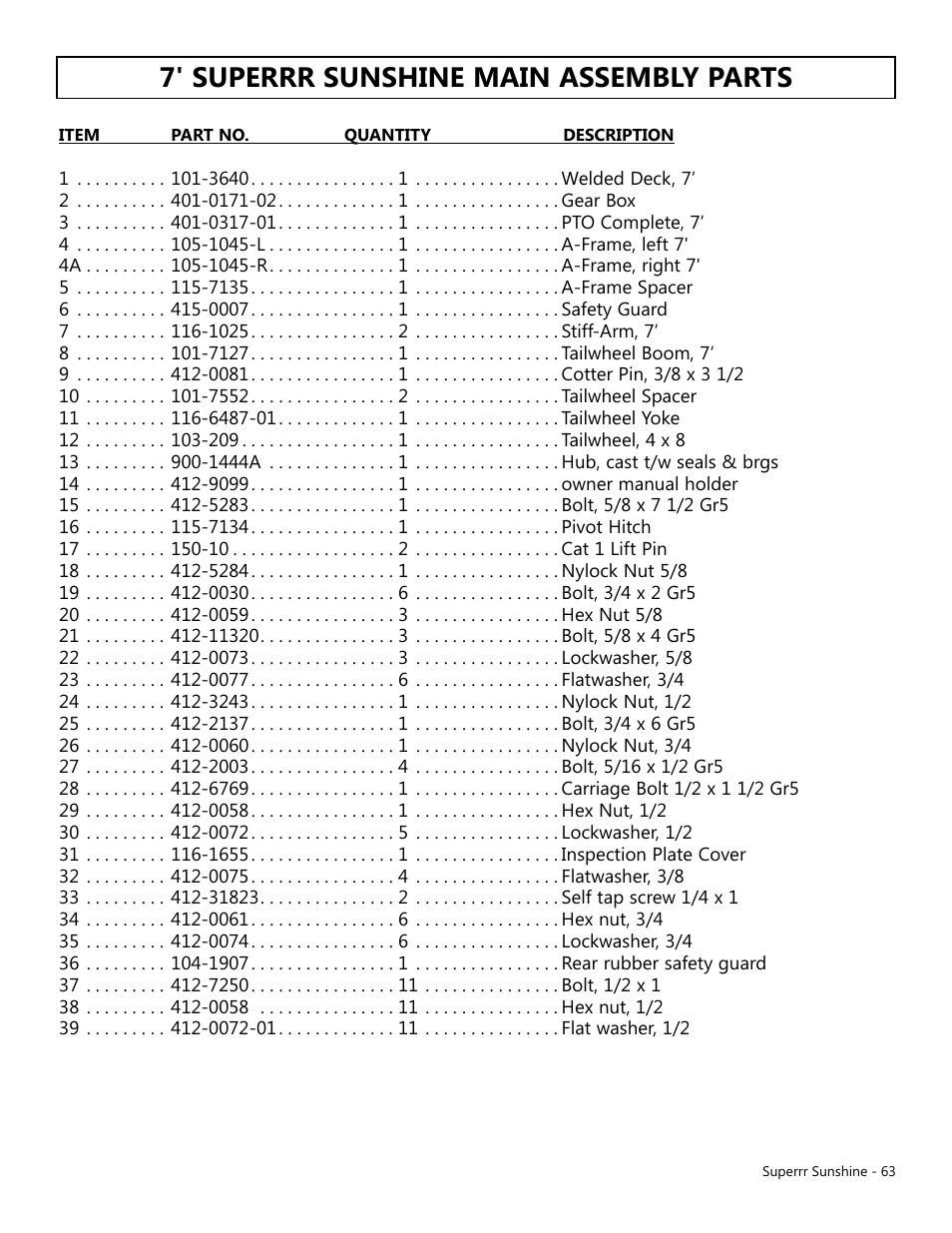 7' superrr sunshine main assembly parts | Modern AG Super Sunshine User Manual | Page 63 / 71