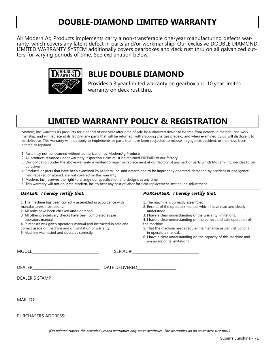 Double-diamond limited warranty, Blue double diamond, Limited warranty policy & registration | Modern AG Super Sunshine User Manual | Page 71 / 71