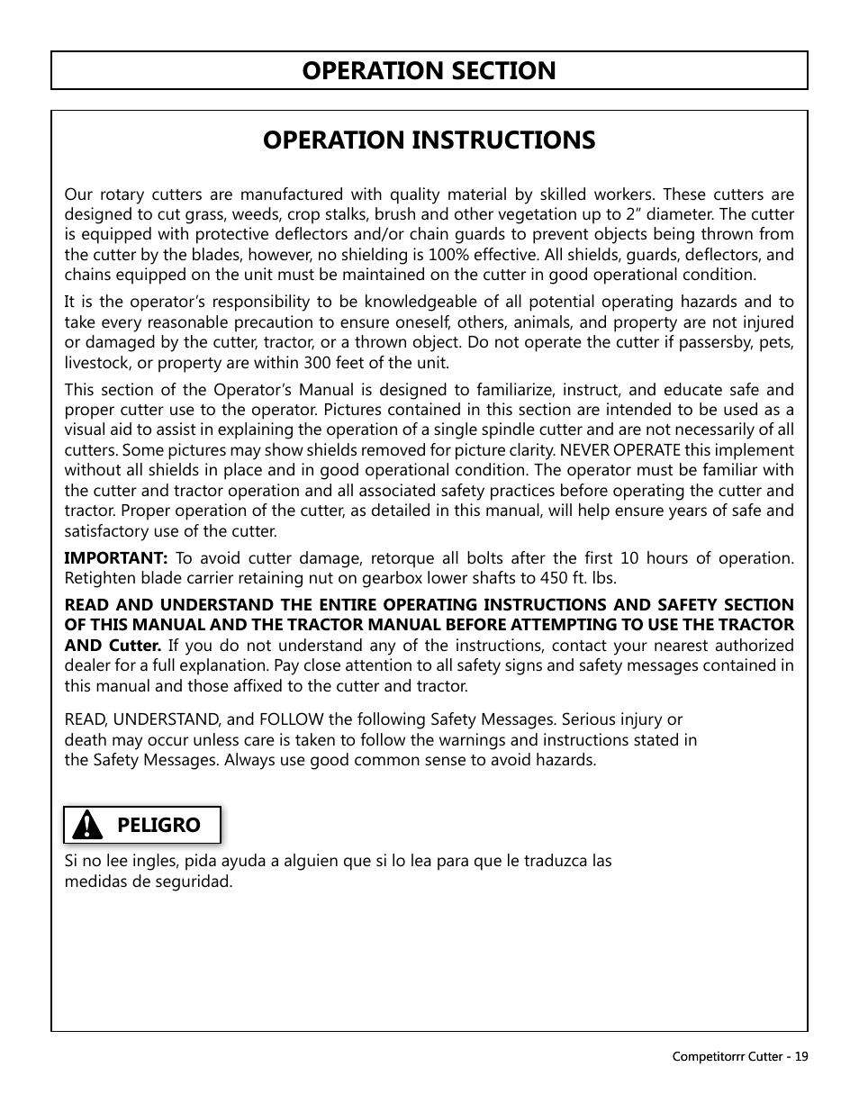Peligro | Modern AG Competitor User Manual | Page 19 / 69