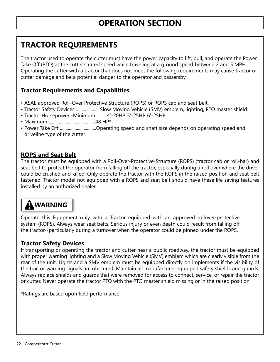 Tractor requirements, Warning | Modern AG Competitor User Manual | Page 22 / 69