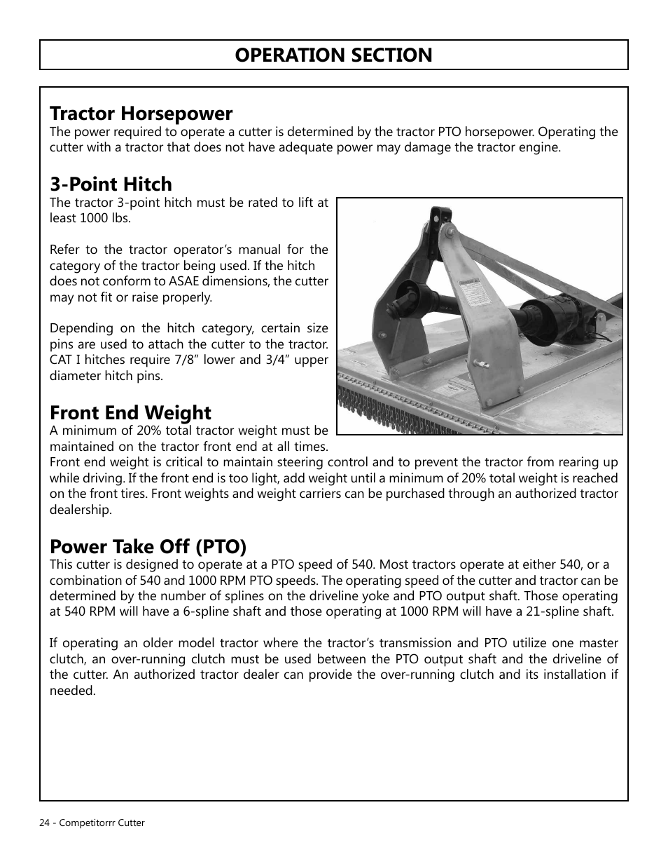 Point hitch, Front end weight, Power take off (pto) | Modern AG Competitor User Manual | Page 24 / 69