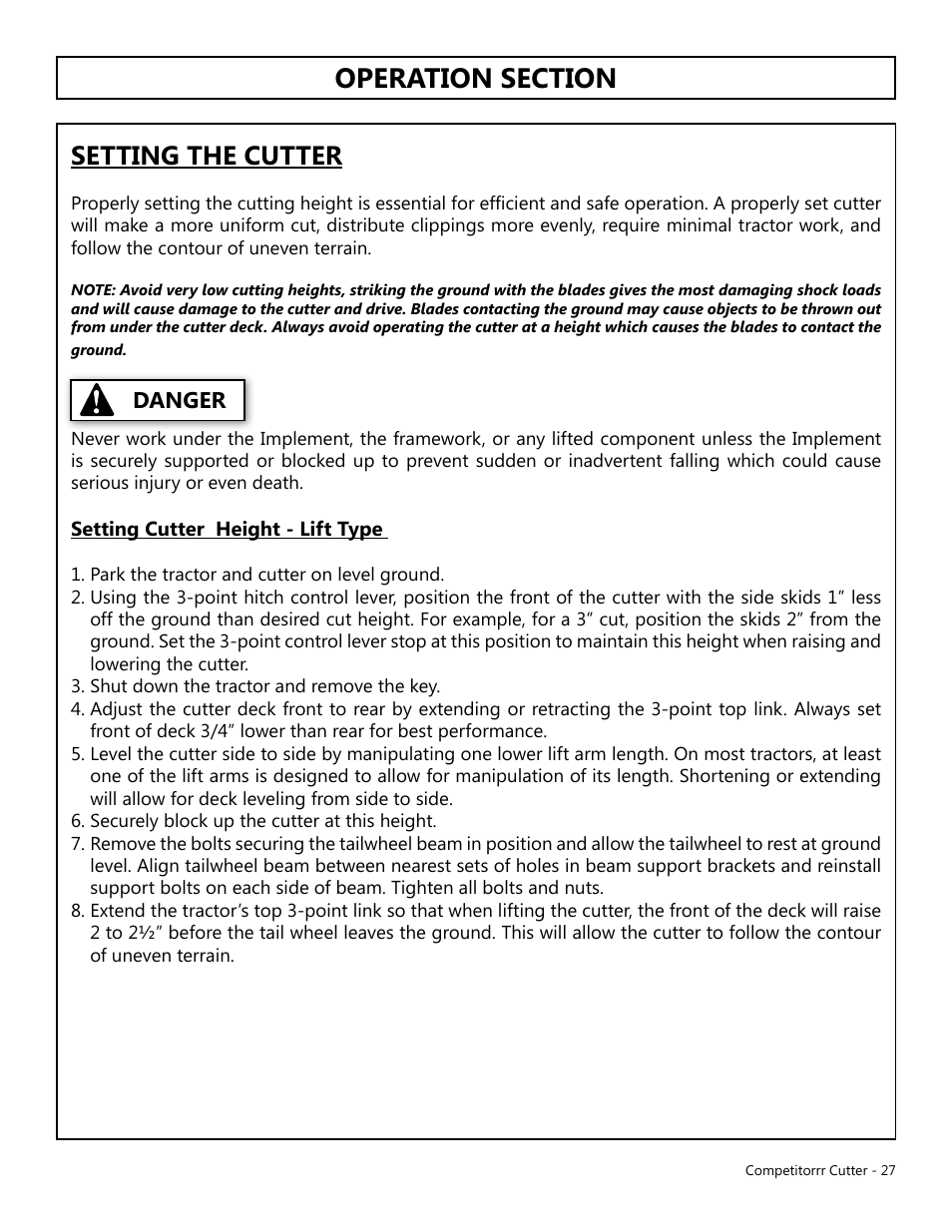 Setting the cutter, Danger | Modern AG Competitor User Manual | Page 27 / 69