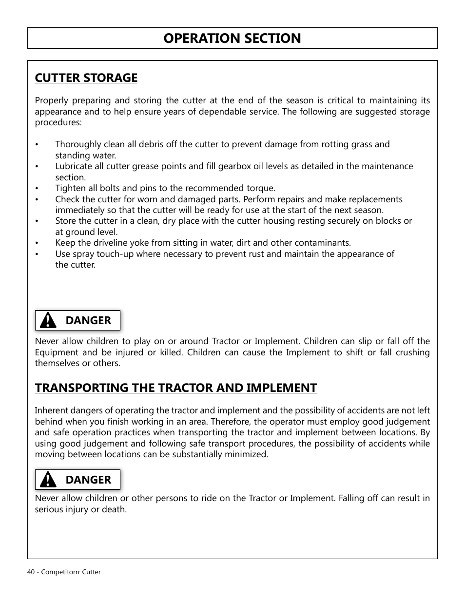 Cutter storage, Transporting the tractor and implement | Modern AG Competitor User Manual | Page 40 / 69