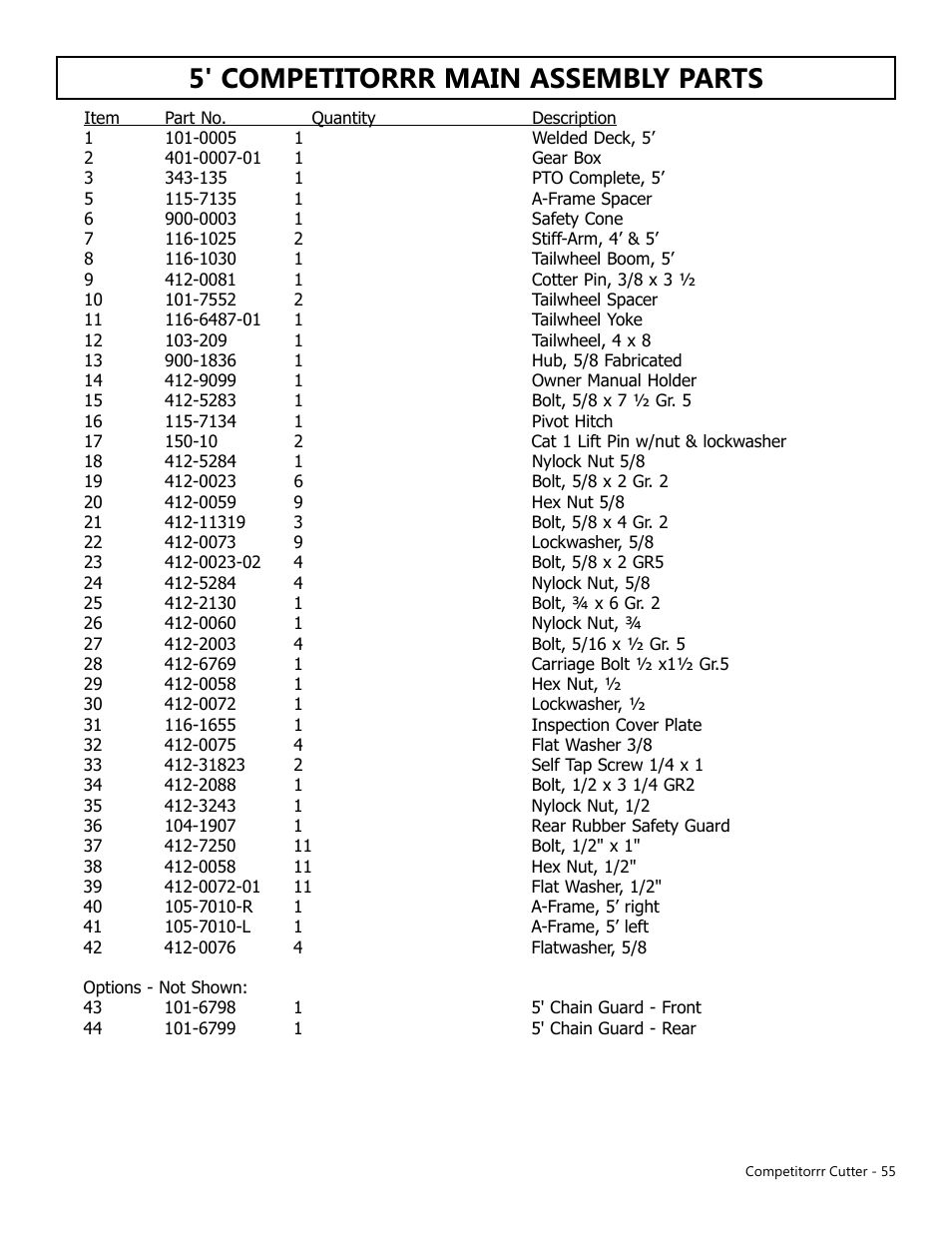5' competitorrr main assembly parts | Modern AG Competitor User Manual | Page 55 / 69