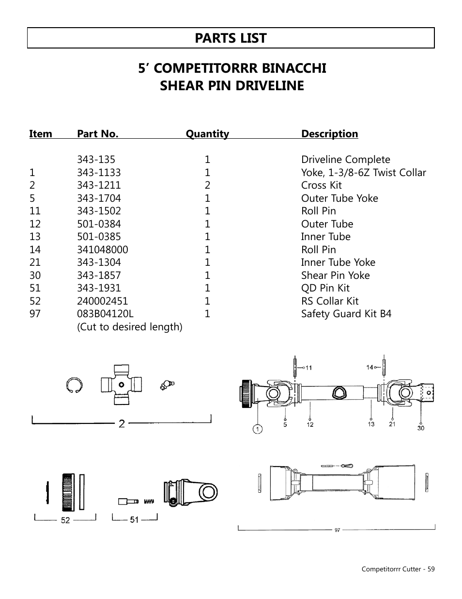 5’ competitorrr binacchi shear pin driveline, Parts list | Modern AG Competitor User Manual | Page 59 / 69