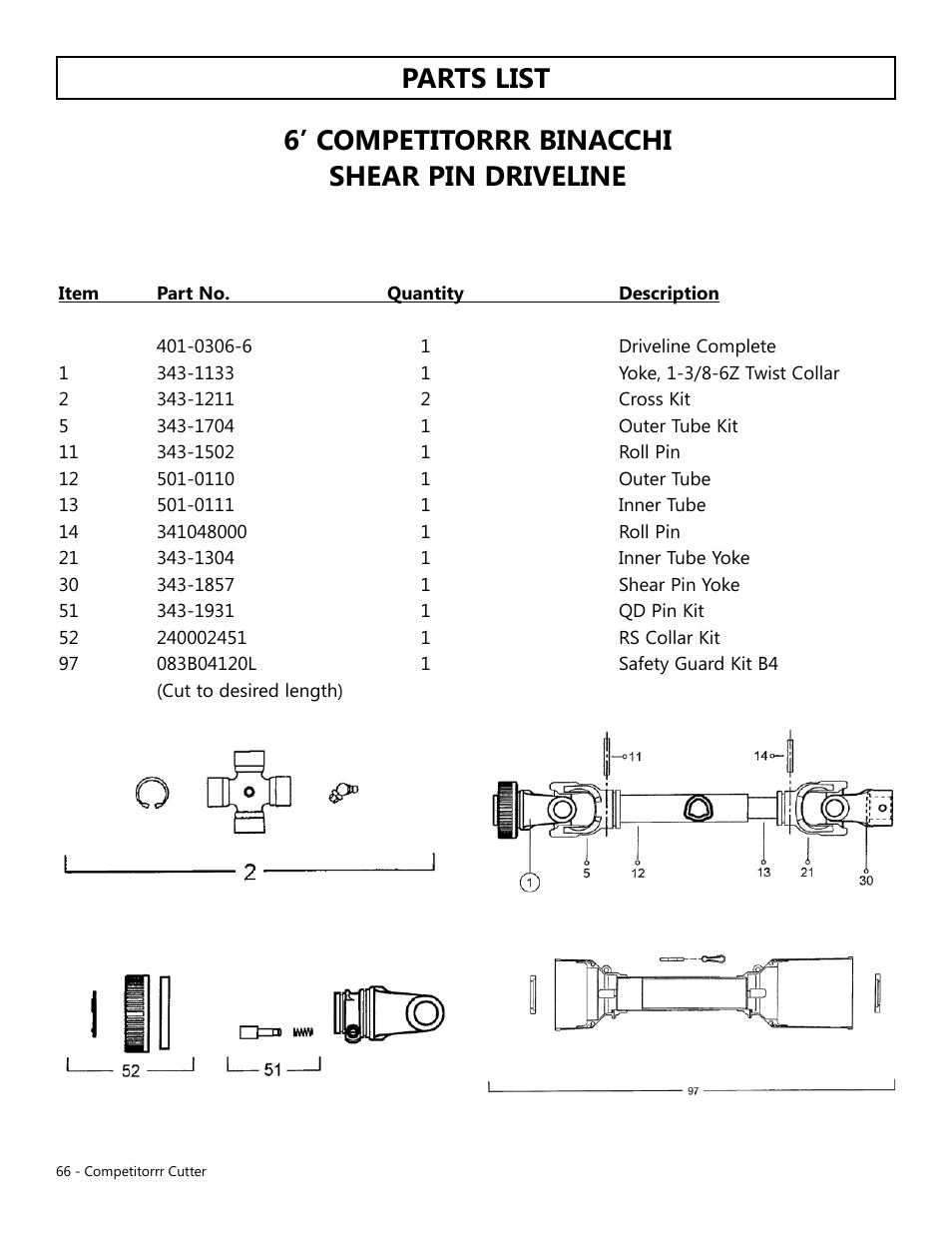 6’ competitorrr binacchi shear pin driveline, Parts list | Modern AG Competitor User Manual | Page 66 / 69