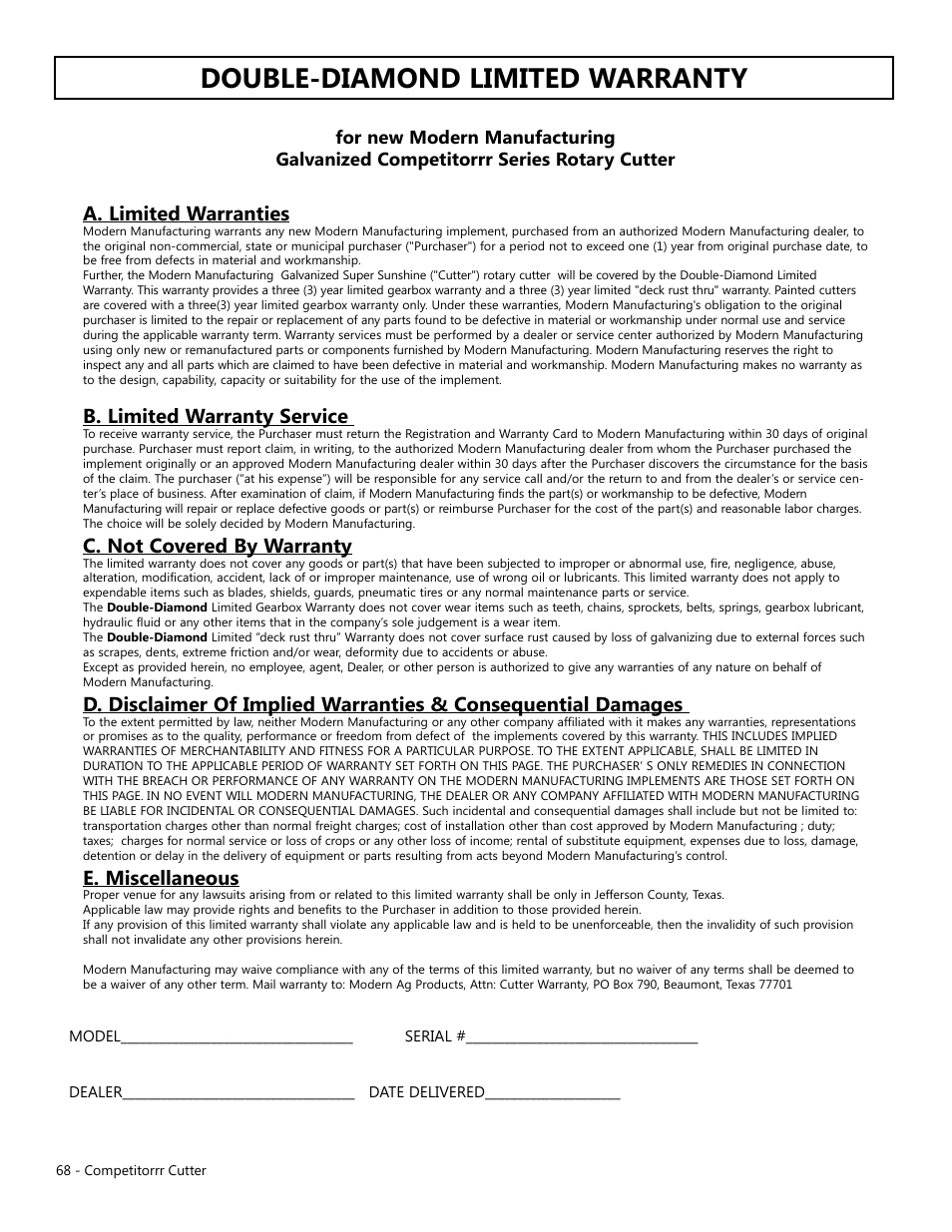 Double-diamond limited warranty, A. limited warranties, B. limited warranty service | C. not covered by warranty, E. miscellaneous | Modern AG Competitor User Manual | Page 68 / 69