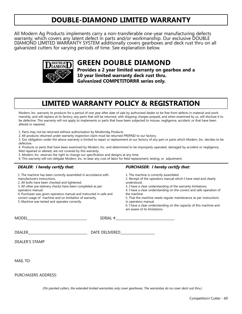 Limited warranty policy & registration | Modern AG Competitor User Manual | Page 69 / 69