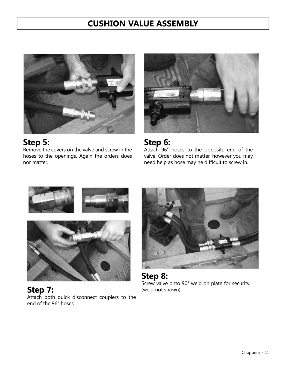Cushion value assembly step 5, Step 7, Step 6 | Step 8 | Modern AG Chopper User Manual | Page 11 / 13
