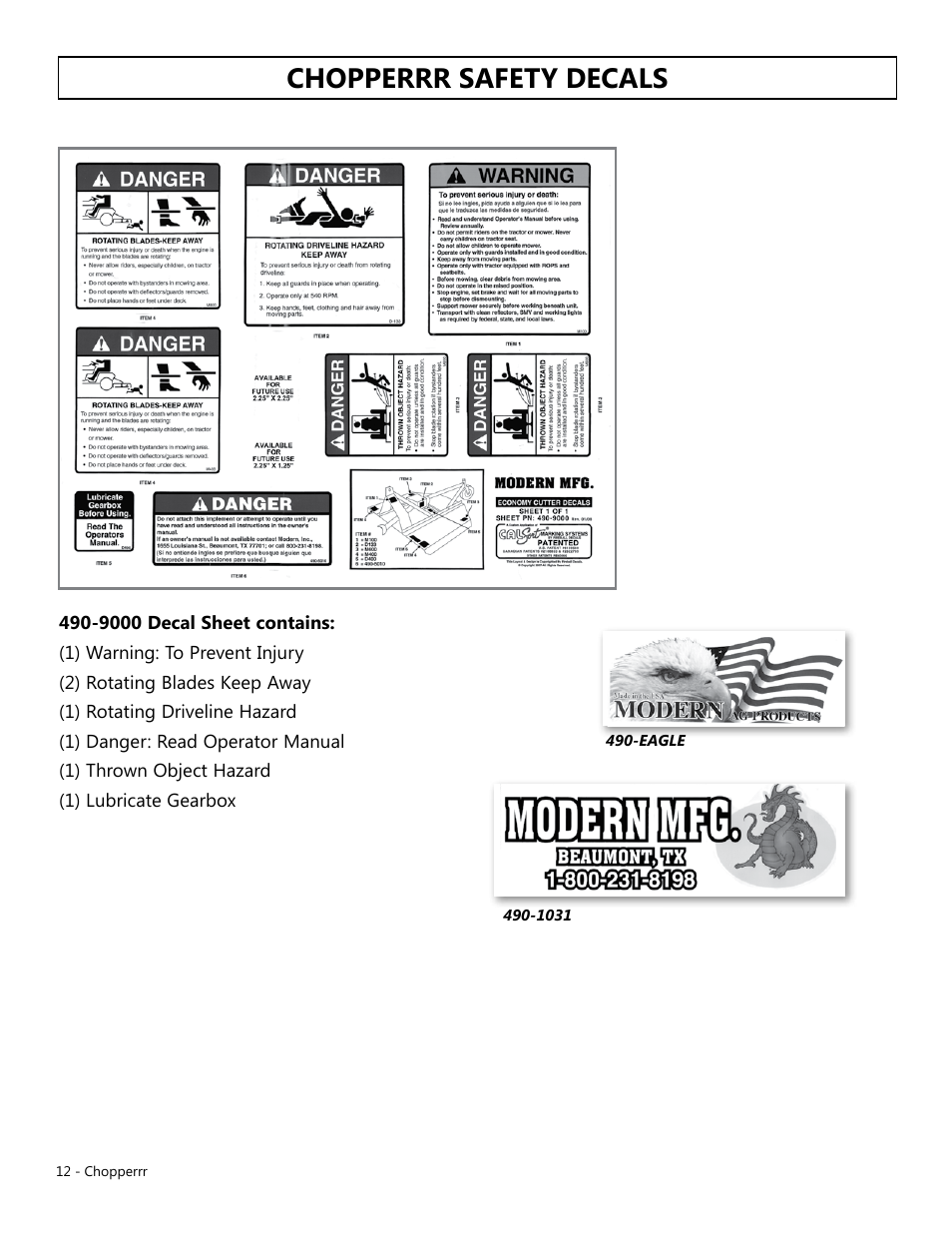 Chopperrr safety decals | Modern AG Chopper User Manual | Page 12 / 13