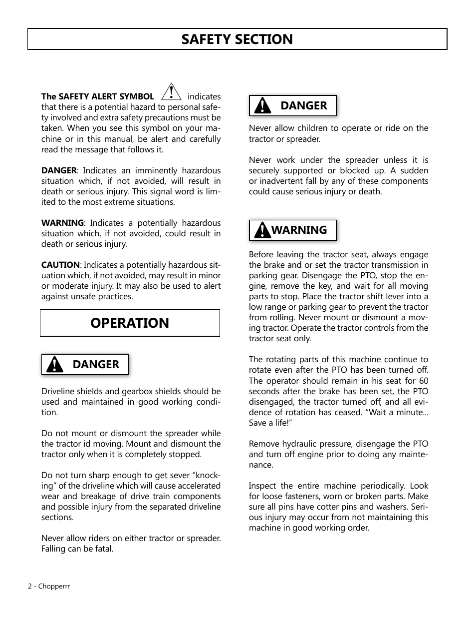 Warning danger danger | Modern AG Chopper User Manual | Page 2 / 13
