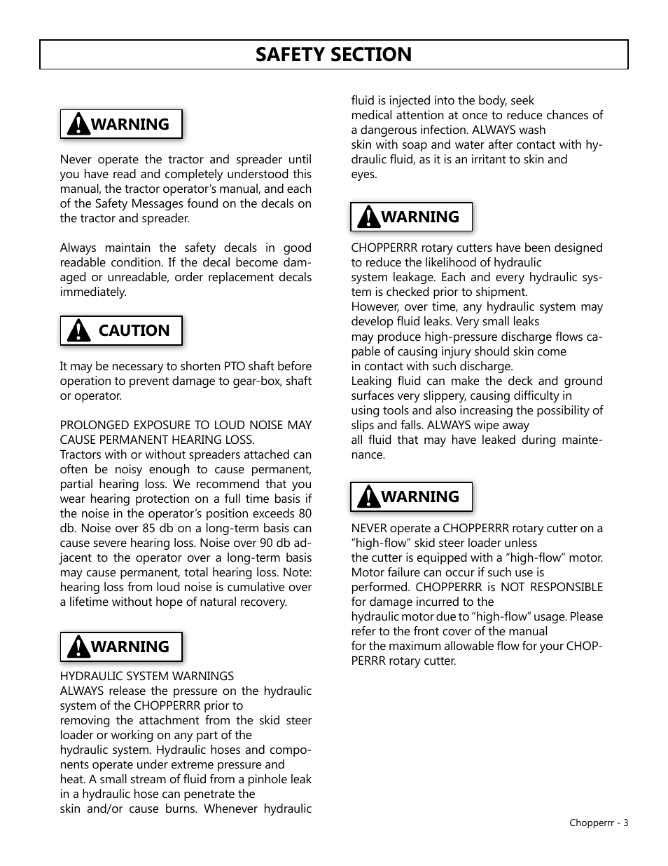 Warning, Warning caution | Modern AG Chopper User Manual | Page 3 / 13
