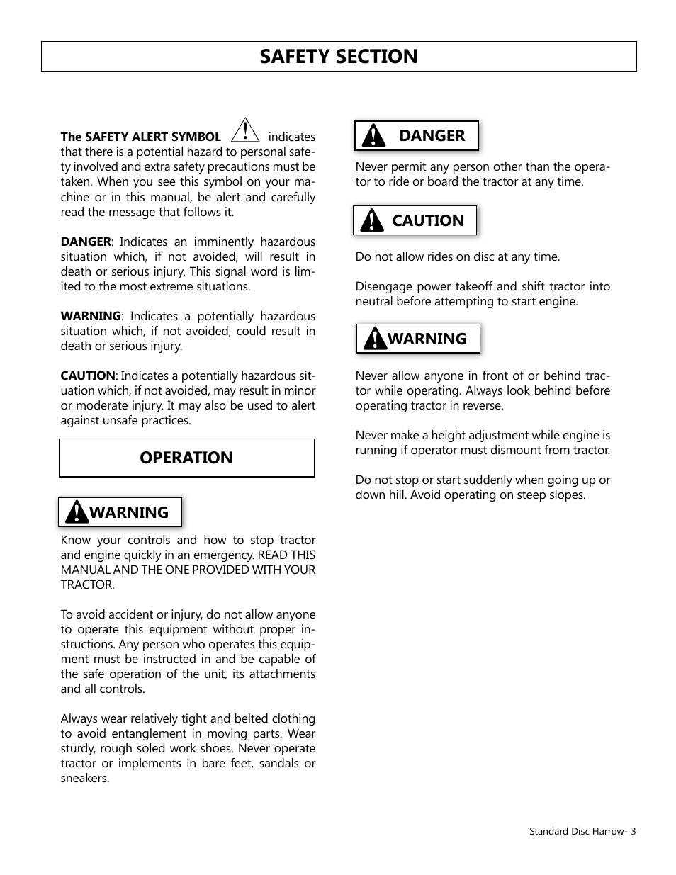 Operation, Danger caution warning warning | Modern AG Disk Harrow User Manual | Page 3 / 11