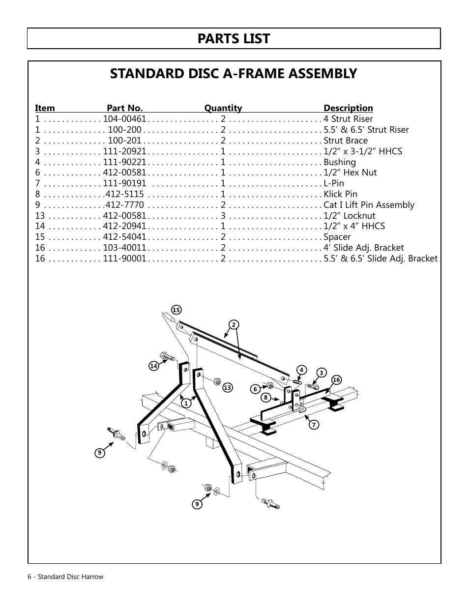 Parts list, Standard disc a-frame assembly | Modern AG Disk Harrow User Manual | Page 6 / 11