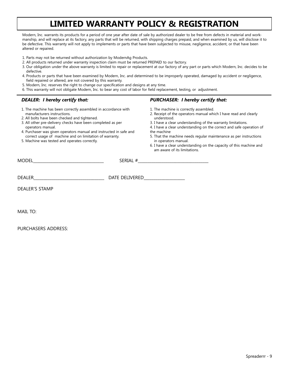 Limited warranty policy & registration | Modern AG Spreader User Manual | Page 9 / 9