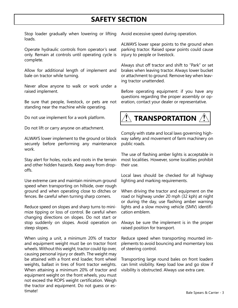 Transportation | Modern AG Bale Spear User Manual | Page 3 / 12