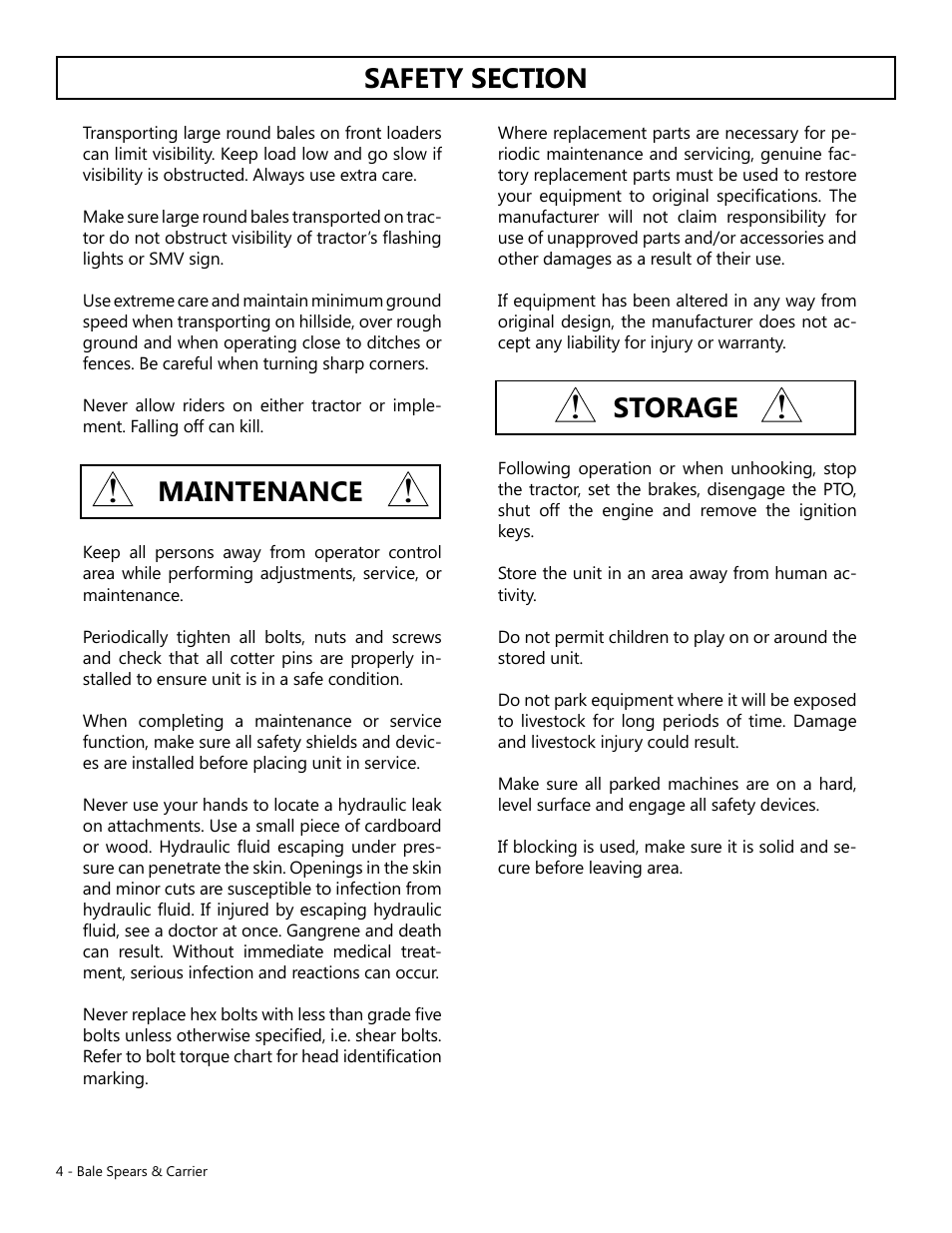 Maintenance, Storage | Modern AG Bale Spear User Manual | Page 4 / 12