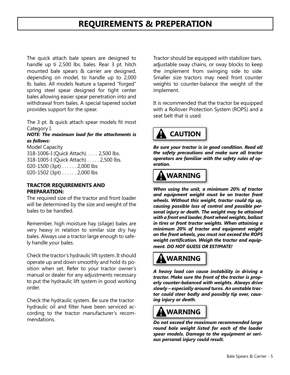 Requirements & preperation, Warning, Warning caution | Modern AG Bale Spear User Manual | Page 5 / 12