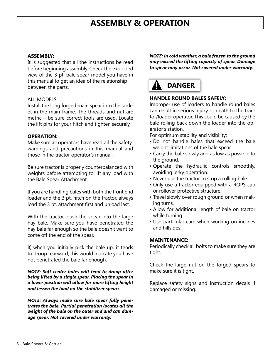 Assembly & operation, Danger | Modern AG Bale Spear User Manual | Page 6 / 12