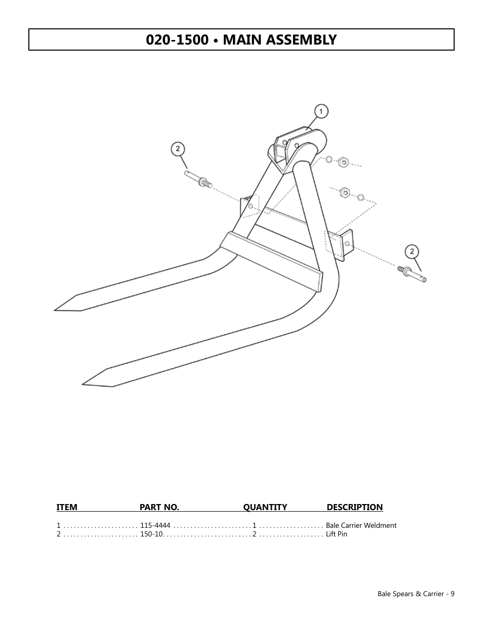 1500 • main assembly | Modern AG Bale Spear User Manual | Page 9 / 12