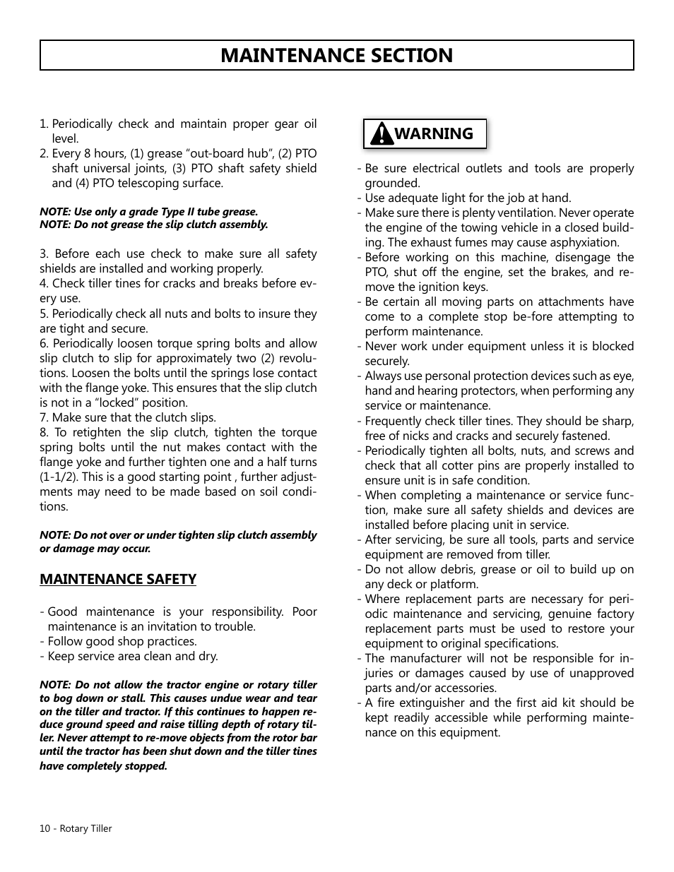 Warning | Modern AG Tiller User Manual | Page 10 / 20