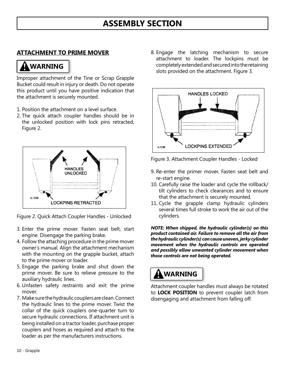 Instructions, Warning, Tine or scrap grapple bucket installation | Removing the tine or scrap grapple bucket | Modern AG Grapple User Manual | Page 10 / 20