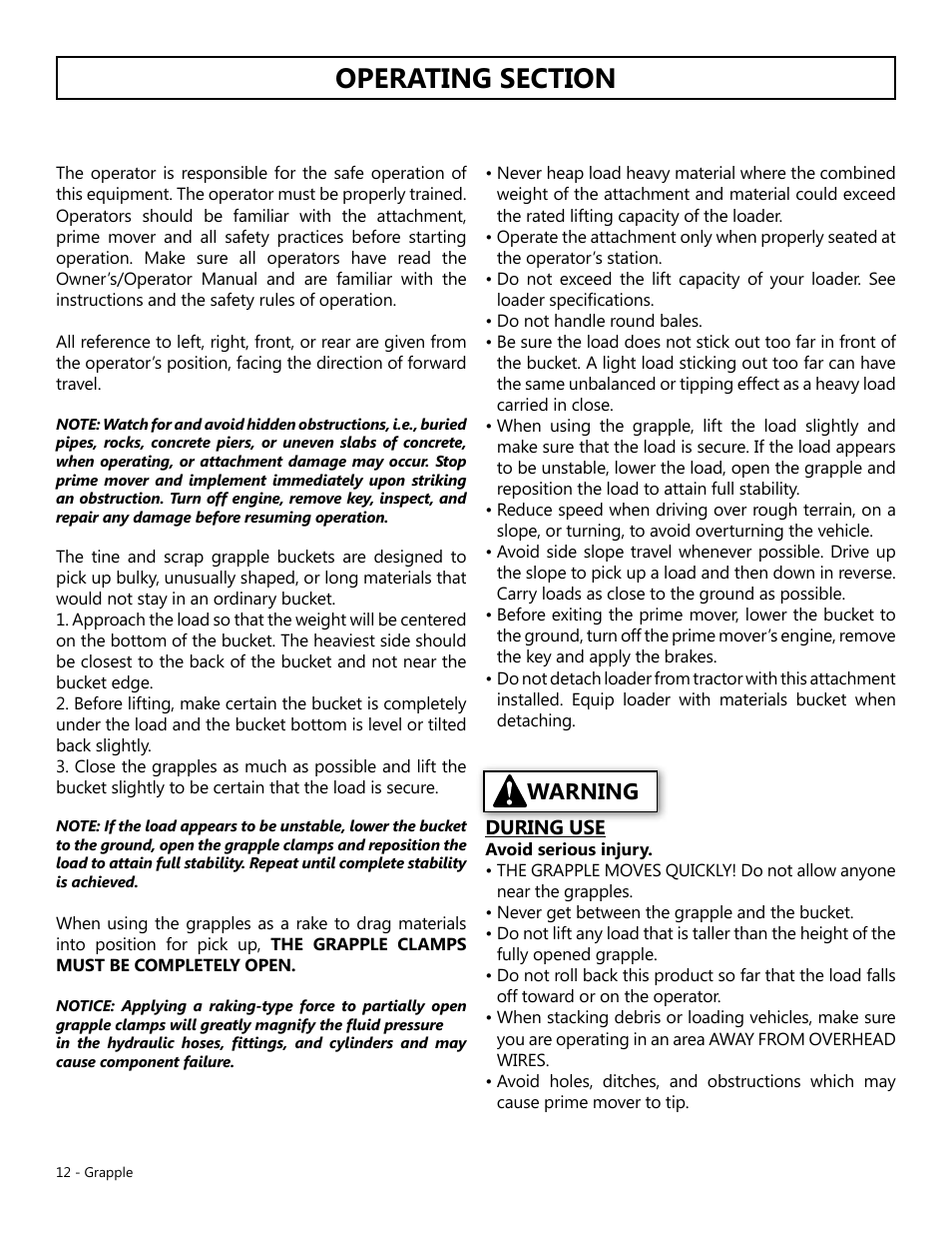 Warning | Modern AG Grapple User Manual | Page 12 / 20